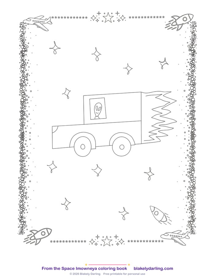 Preview of the Alien Road Trip printable coloring page