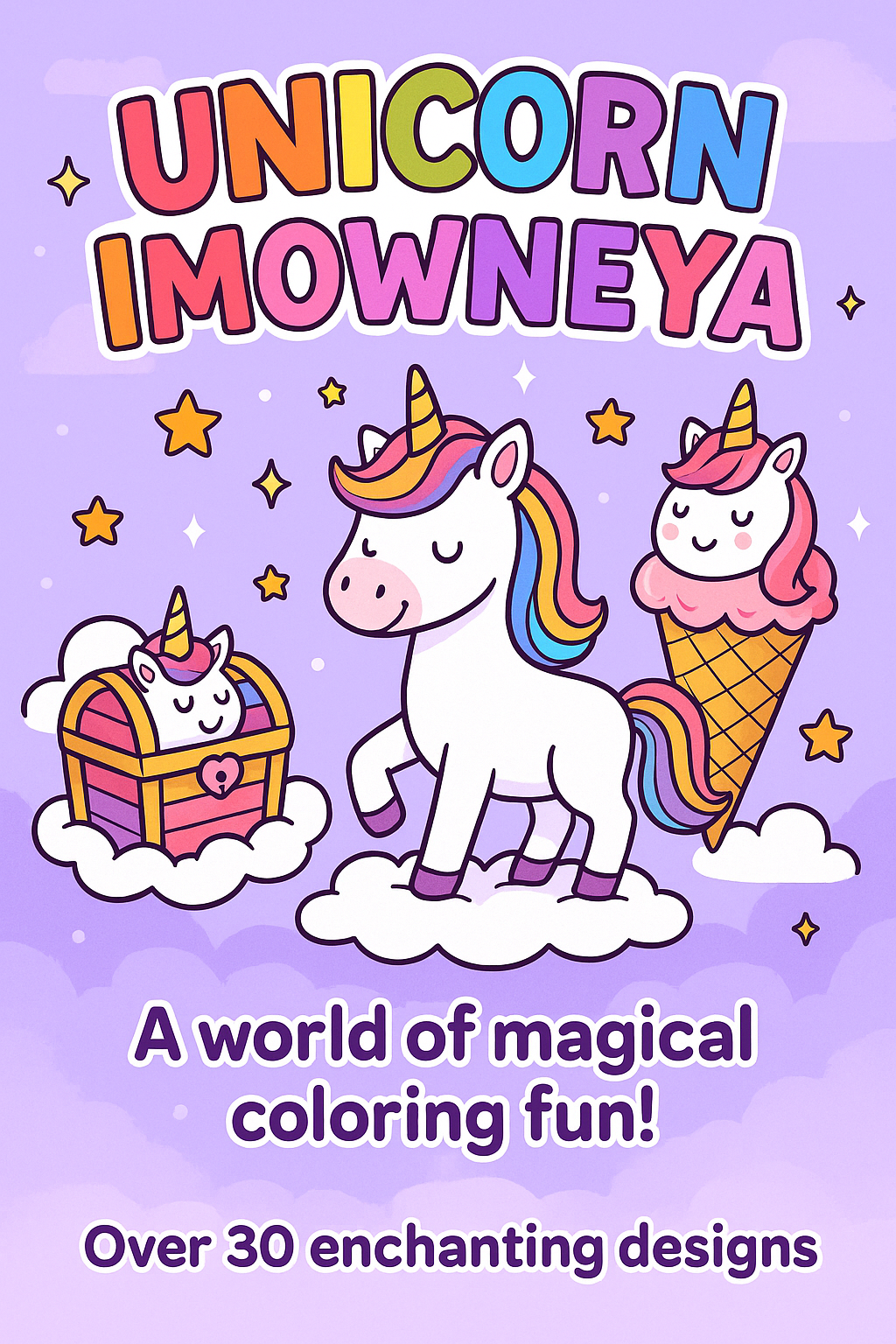 Unicorn Imowneya coloring book — front cover showing vibrant unicorn illustrations and colorful patterns